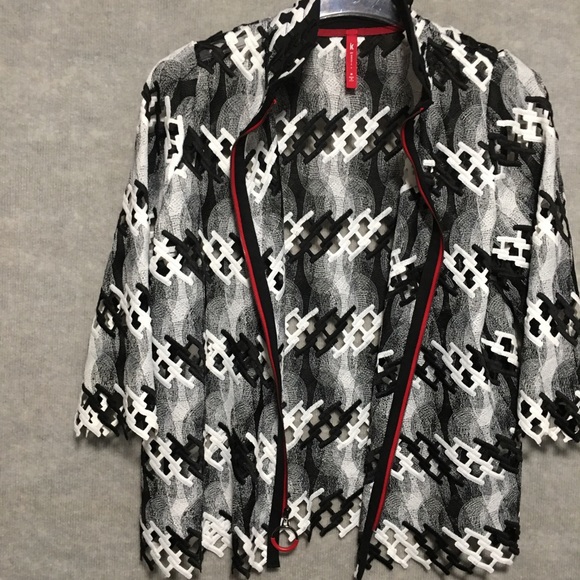 Vtg Unique open cut work Jacket Black & White Red Zips ic by Connie K NWOT med - Picture 6 of 15